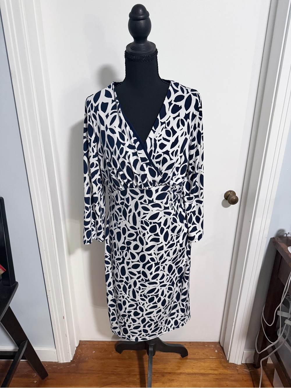 Liz Claiborne Navy and White Abstract Print Midi Wrap Dress